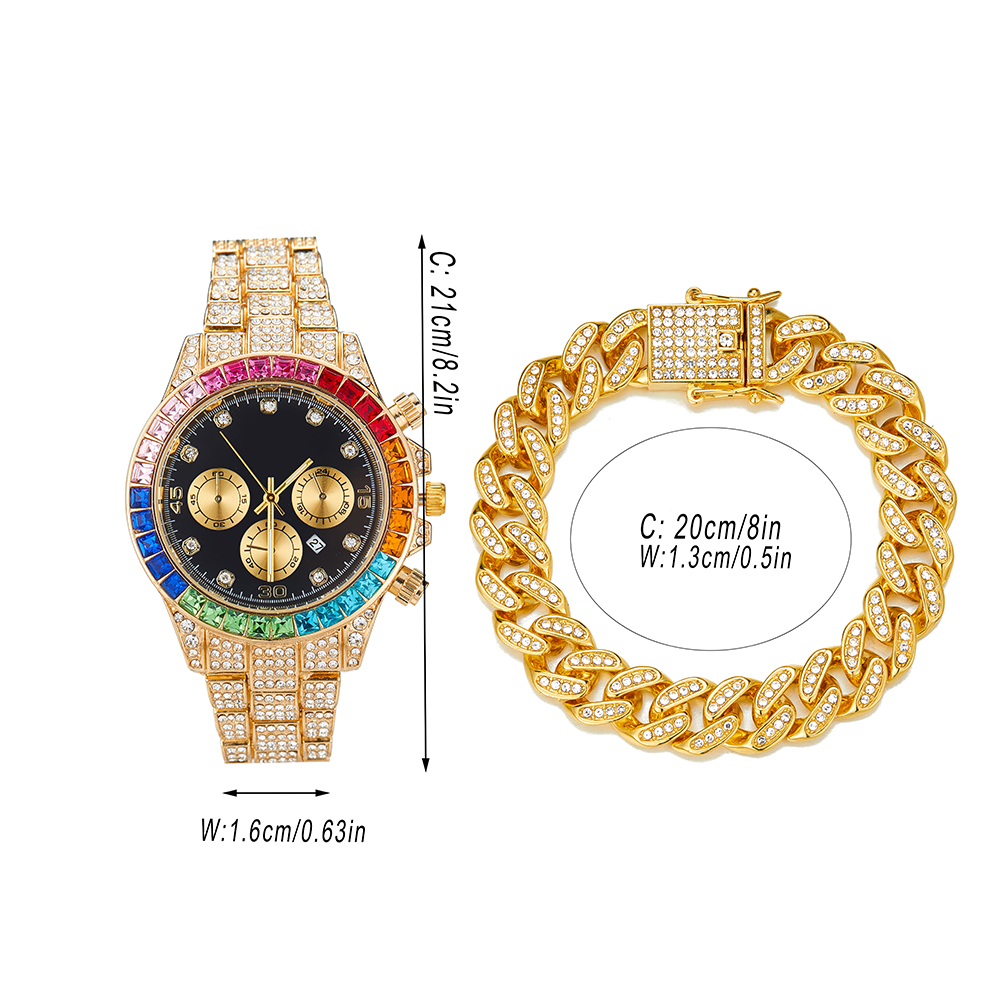 Rock Style 14K Golden Plated Men's Watch Set Colorful Baguette CZ Dial with Iced out Cuban Chain Bracelet Set with gift box