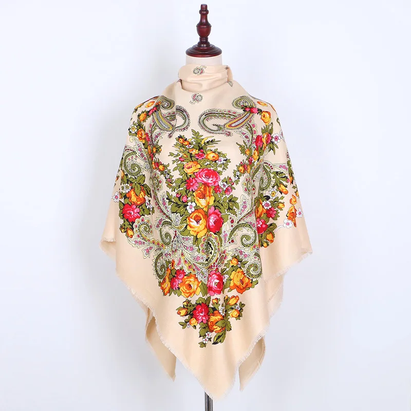 Russian Style Big Size Square Scarf Luxury Women Floral Print Bandana Wraps Female Retro Short Tassel Ethnic Shawl Handkerchief