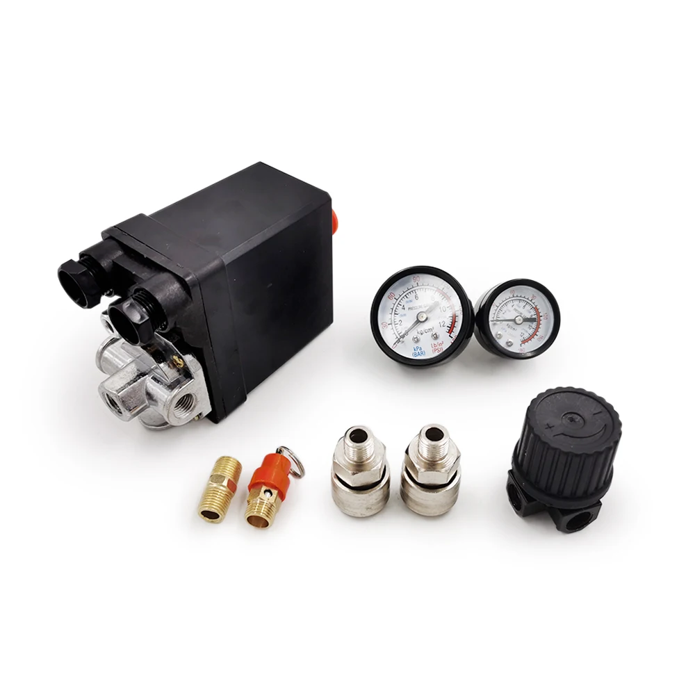 AC 220V Air Compressor Pump Pressure Control Switch 4 Port Manifold Relief Regulator 30-120PSI Control Valve with Gauge