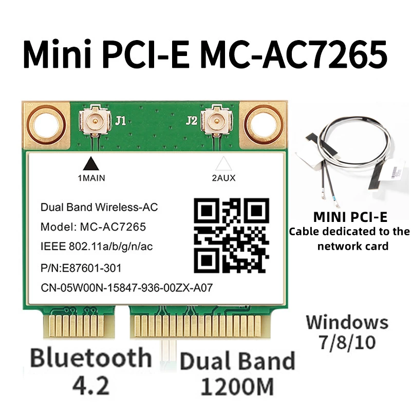 Wifi Network Card 1200Mbps Bluetooth 4.2 Mini PCI-E MC-AC7265 Wifi 5 802.11ac 2.4G 5Ghz With Cable Fast Network Card MPE-3165AC