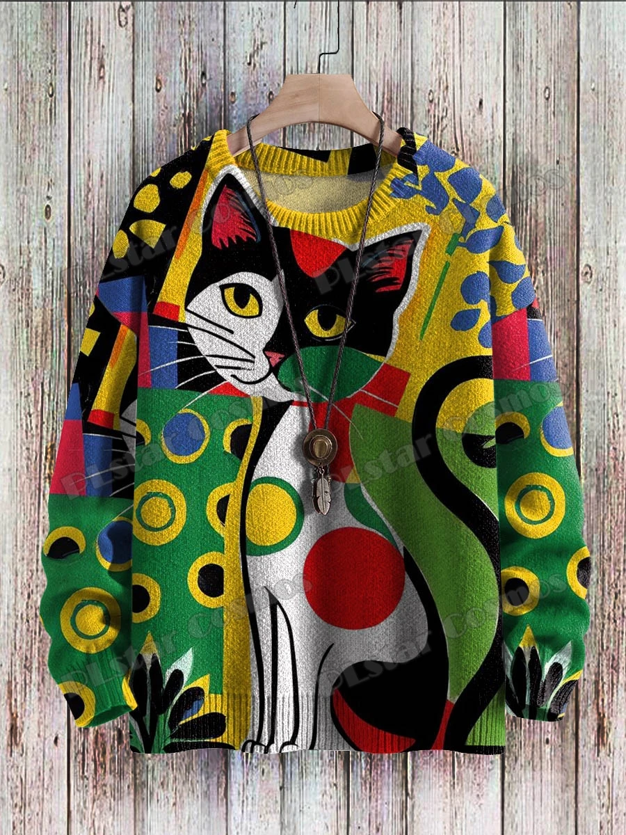 Cute Cat & Halloween Ghost Swing Retro Art Pattern 3D Printed Men's Knitted Pullover Winter Casual Knit Pullover Sweater ZZM73