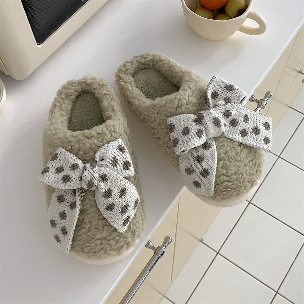 Bow Winter toe wrap Warm cotton slippers Soft-soled slippery women's indoor floor flat house non-slip shoes