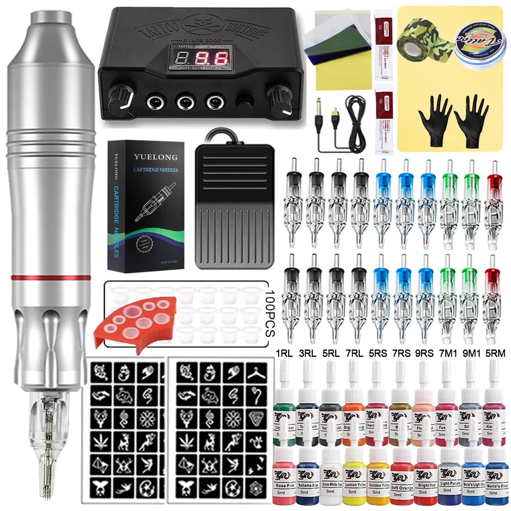 Complete hine Kit Rotary Pen for Beginner Power Supply Tattoo Set With Cartridge Needle Ink