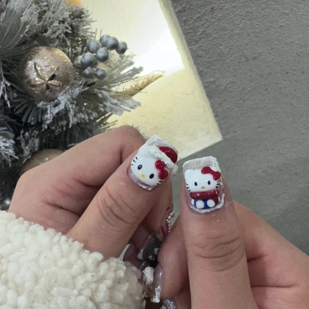 10 handmade nail clippers handmade French white kitten short square fake nails Christmas limited edition with set 241031