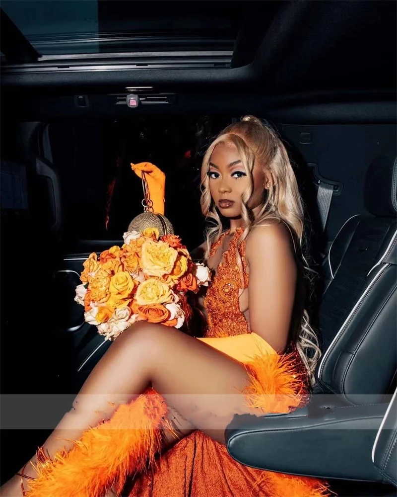 Orange Sequins Diamonds Prom Dress 2024 Glitter Crystal Beads Sexy Front Split Backless Feathers Birthday Party Gowns