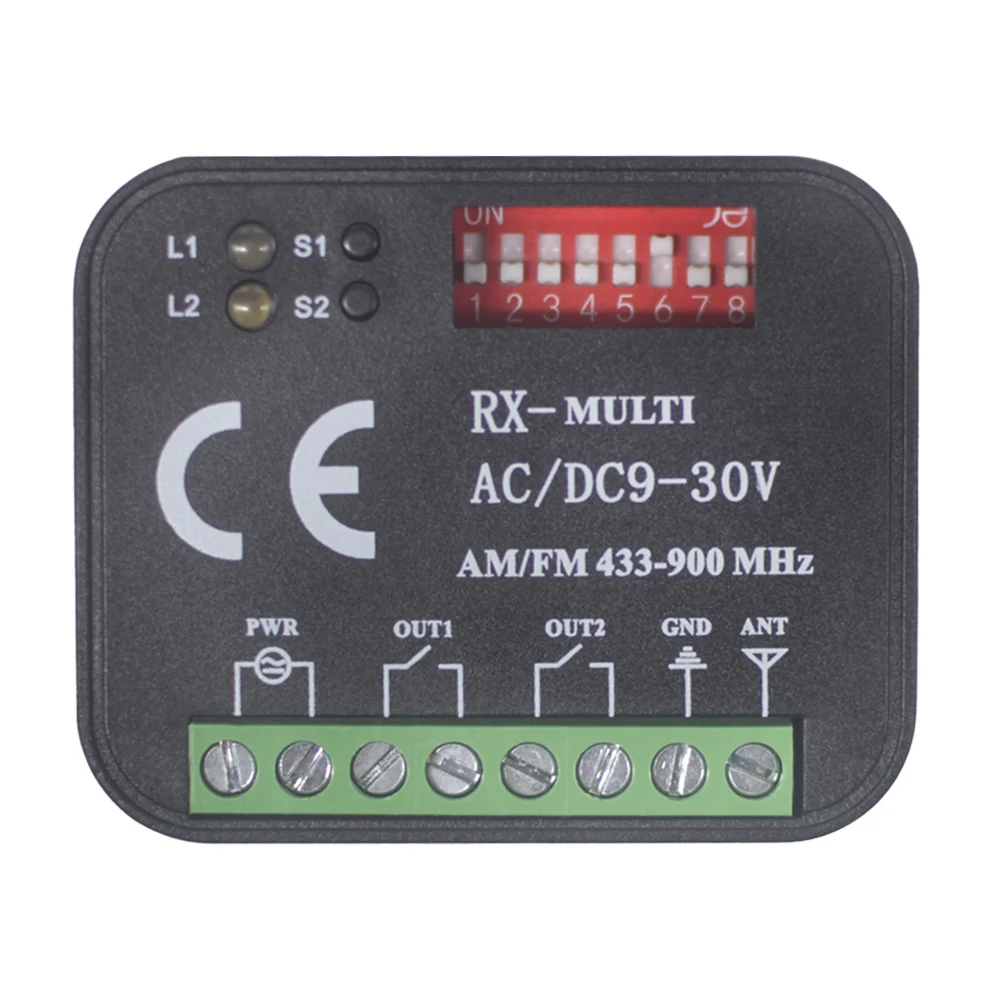 New RX Multi Frequency 300-900MHz Garage Door Receiver 2CH Relay For 433.92MHz 315 433 868 390 MHz Remote Control Transmitter