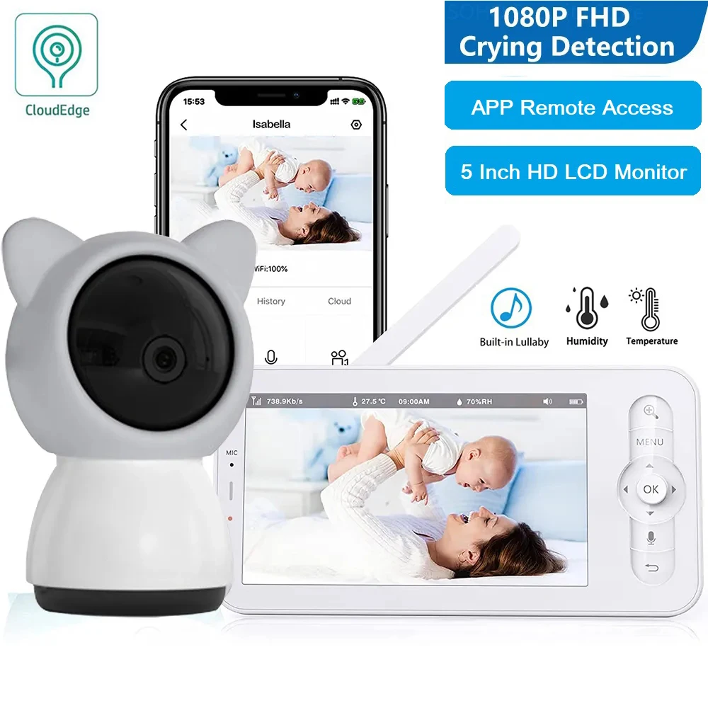 WOUWON Baby Monitor Babyphone Video Baby Camera Bebe Nanny HD 5 Inch LCD Mobile Phone APP Control PTZ Lullabies For New Born