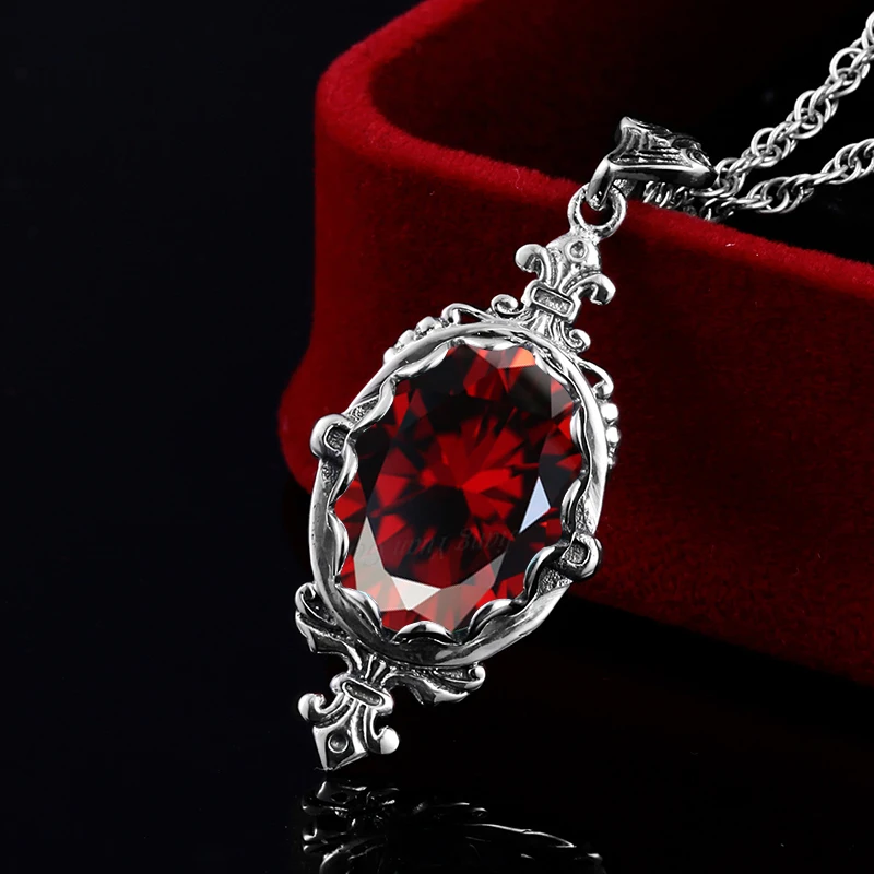 Solid 925 Sterling Silver Garnet Necklace Pendant For Women Stone Statement Wedding Vintage Jewelry Gifts Christmas Trendy