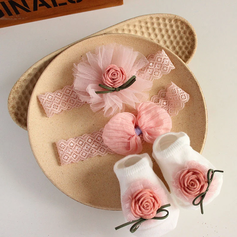 3Pcs/Set Lace Flower Baby Girl Headband Socks Set Cute Floral Crown Bows Newborn Hair Band Turban Kids Hair Accessories