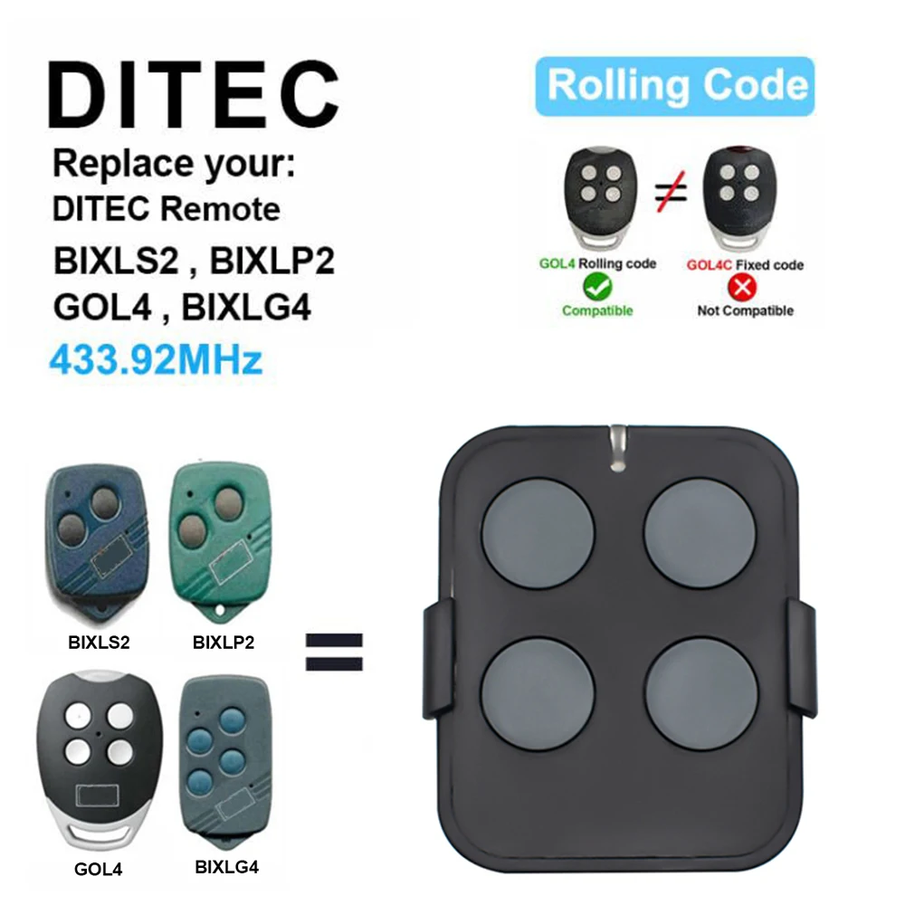 Ditec GOL4 Gate Door Remote Control Compatible With BIXLS2 BIXLP2 BIXLG4 433.92MHz Rolling Code Garage Door Opener