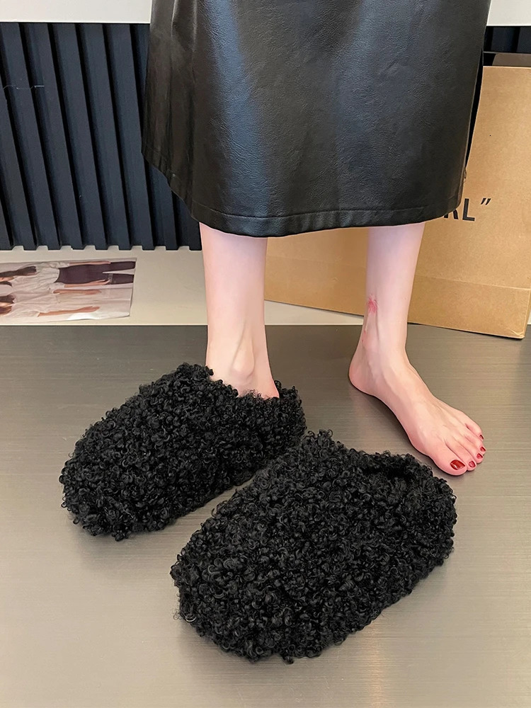 Woolen Leather Shoe Series Winter Womens Slide Pantofle Med Platform Cover Shoe Head Slide Plush Rome Hoof Heels Rubber Fabric House Slide 241031