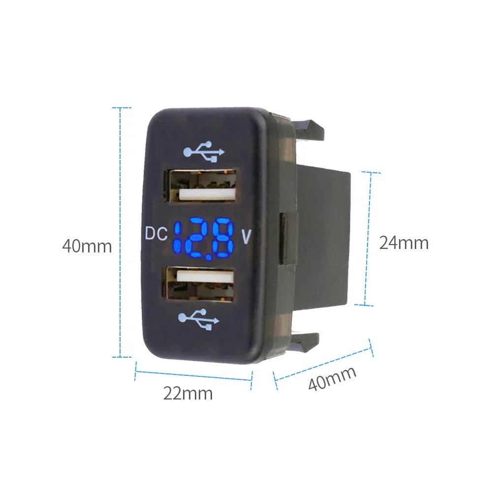 12V-24V Car Charger Socket Adapter Dual USB Ports Fast Charger Socket with Voltage Display for Toyota Auto Accessories 40X22mm