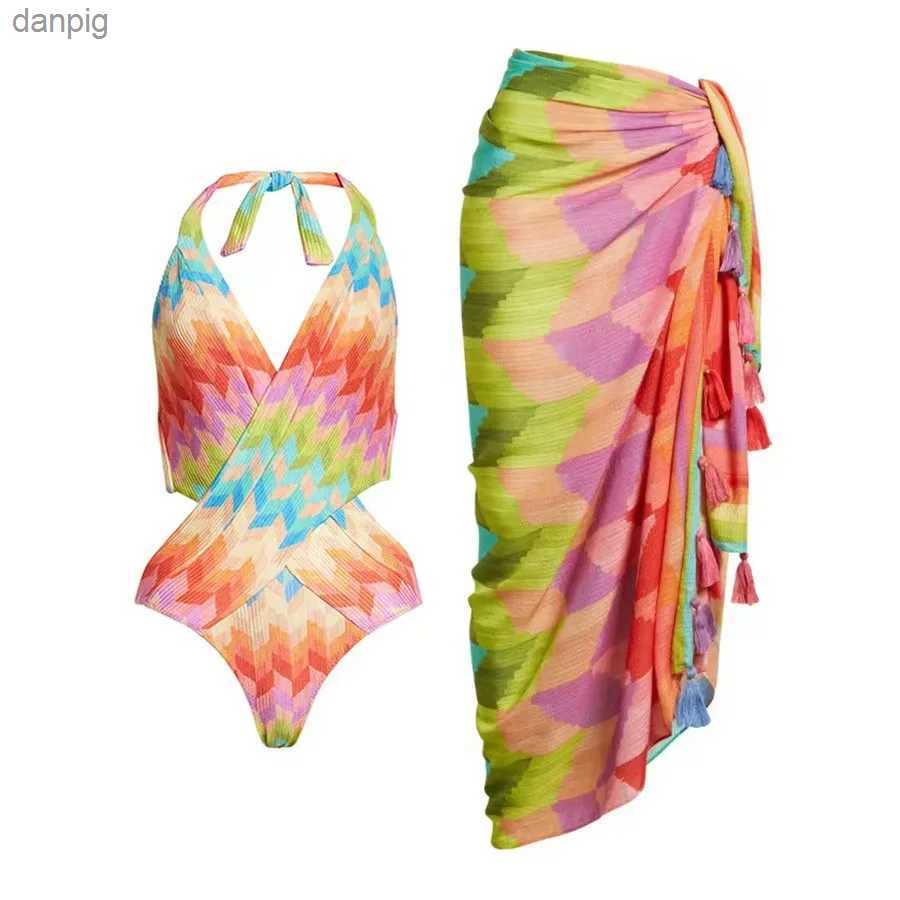 Women's Swimwear Print One-piece Swimsuit Women Lace-up One-piece Swimwear Beachwear Bikini Skirt Bandage Swimwear Brazilian Biquini Bathing Suit