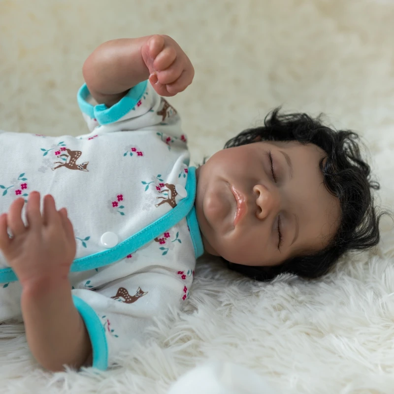 NPK 50CM Soft Body Flexible Reborn Baby Handmade Levi Black Skin African American Baby Handrooted Hair with Bottle and Pacifier
