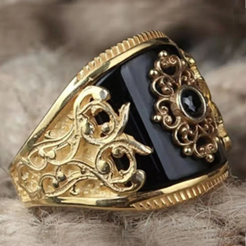 New Retro Turkish Handmade Silver Color Men Rings Vintage Carved Eagle Pattern Black Zircon Stone Rings 2022 Punk Muslim Jewelry