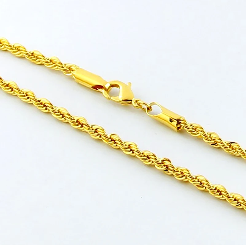 AGTEFFER Hip Hop 24K Gold Necklace 3MM Twisted Rope Twist Electroplating Gold Necklace for Men Women Wedding Jewelry Gifts