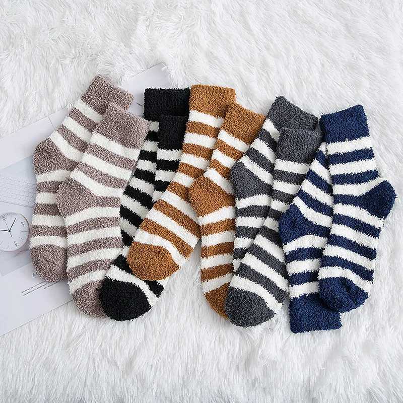 Striped Men Thick Coral Velvet Winter Warm Soft Man Fluffy Home Indoor Floor Terry Towel Fuzzy Sock Mens Male Meias LX241102
