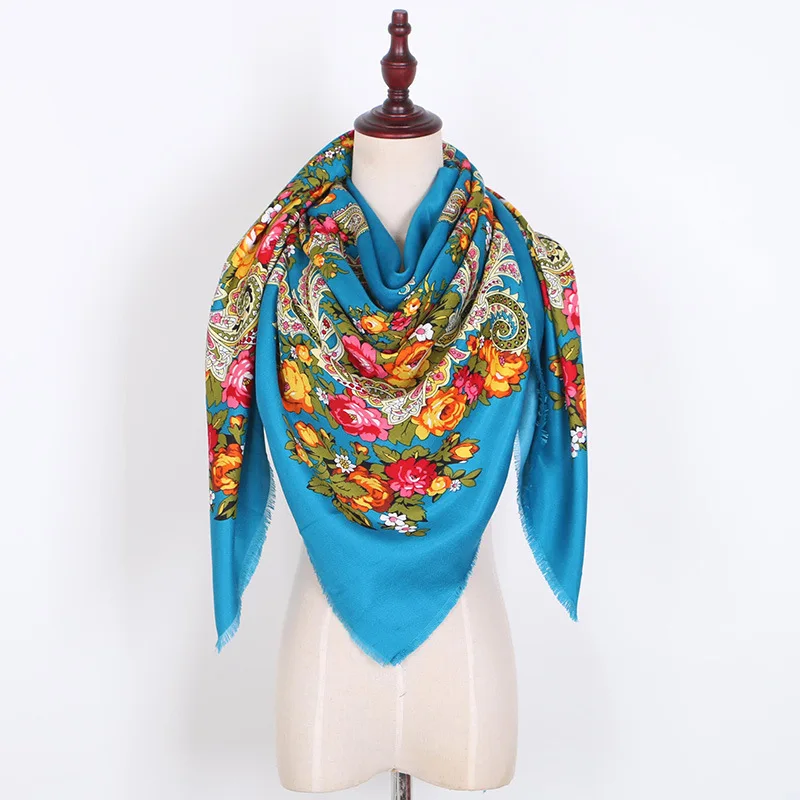 Russian Style Big Size Square Scarf Luxury Women Floral Print Bandana Wraps Female Retro Short Tassel Ethnic Shawl Handkerchief