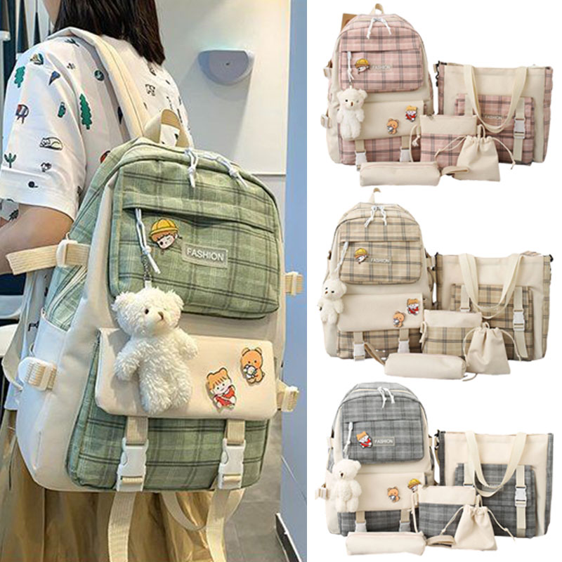 2023 New 5pcs Sets High School Backpack Kawaii Bookbag Laptop Bag For Girls Cute Printed Student Bag Travel Backpack mochilas