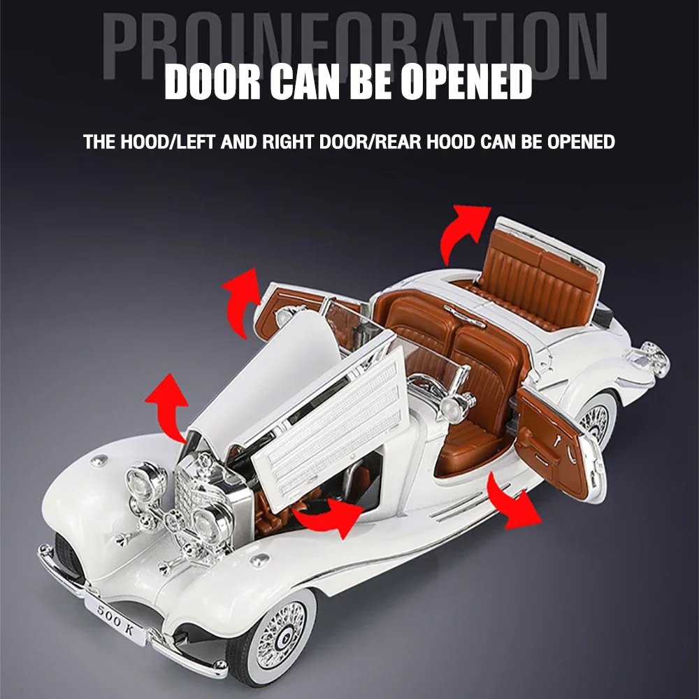 Metal Classic Cars Toys Scale 1/24 500K Vintage Car Diecast Alloy Model Gift for Boys Children Kids Toy Vehicles Sound and Light