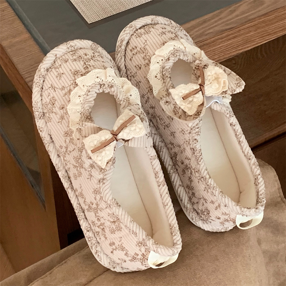 Vintage lace bow Family Slippers Women Girls Cute fluffy winter warm plush indoor flats Bedroom slide casual women's cotton slippers