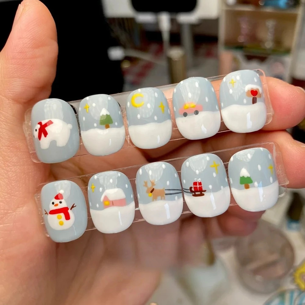 10 Handmade Pressing Nails Christmas and Year Nails Blue Cute 3D Square Limited Fake Nail n Art DIY Nail Set 241031