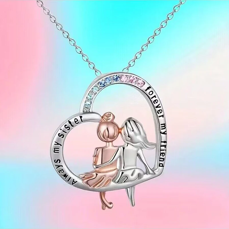 Cute Colorful Rhinestone Heart Always My Sister Necklace For Girls Friends Friendship Jewelry Gifts