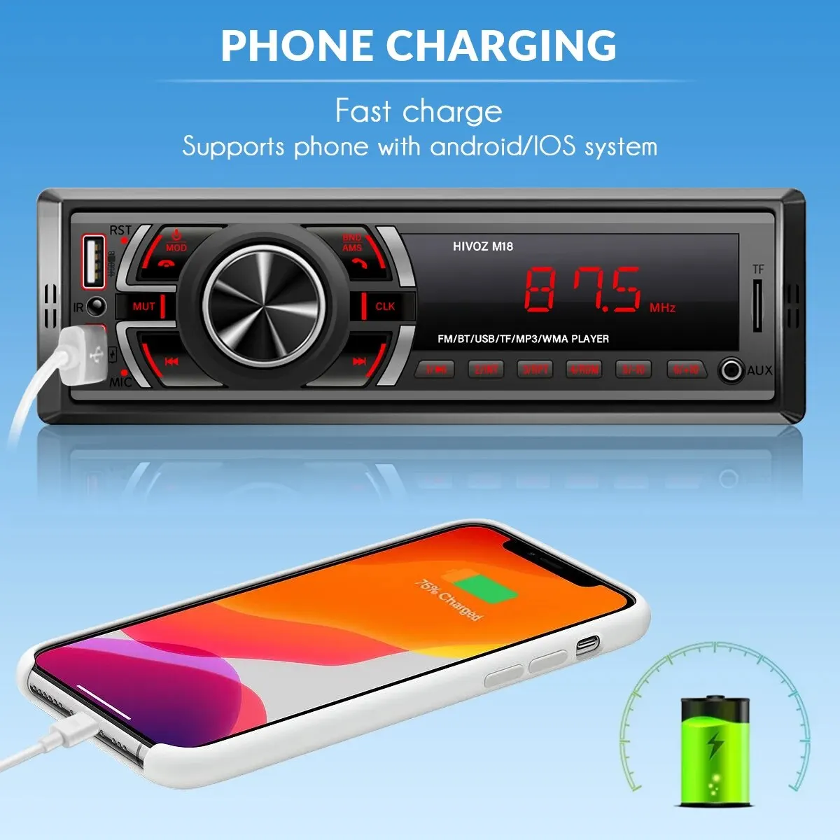 HIVOZ Car Stereo 1 Din Bluetooth MP3 Player 60Wx4 FM Radio Receiver with Remote Control BT/AUX/TF/USB Card In Dash