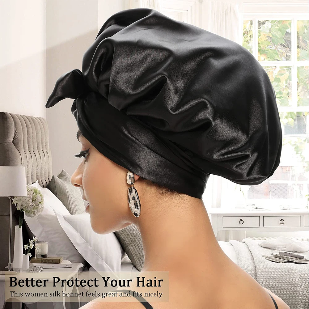 Satin Tie Bonnet for Women Double Layer Satin Bonnet With Tie Edge Scarf Wrap Bonnet Silk Sleep Cap Hair Bonnet for Curly Hair