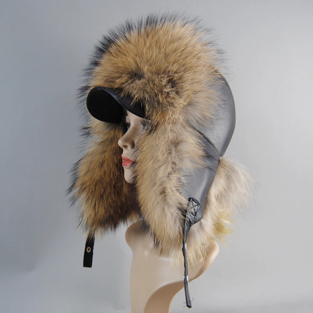 100% real fox fur hat for women Russian Wusanka pilot hunter snow skiing hat earmuffs winter raccoon fur bomber hat 241031