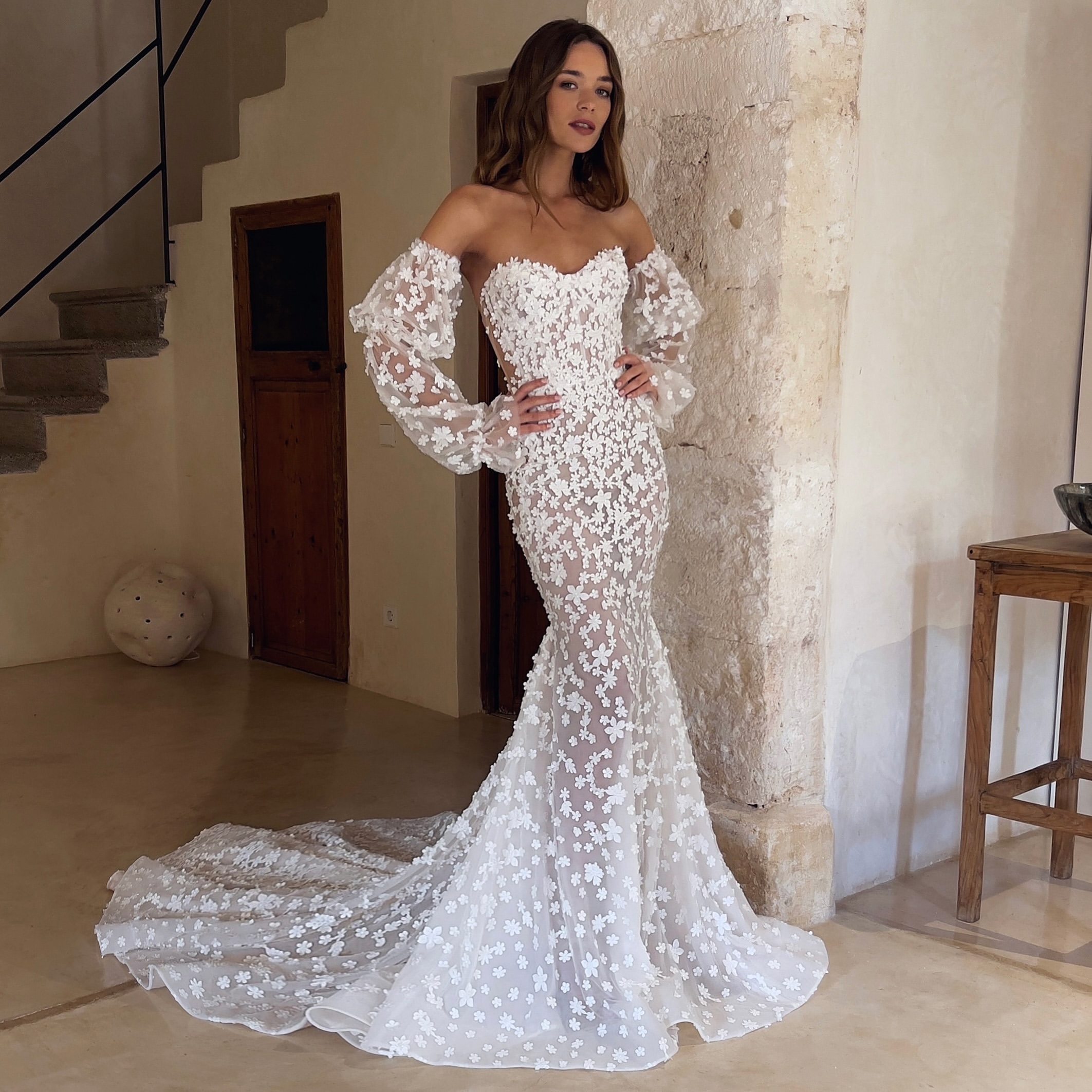 Mermaid Gorgeous Chart Dress Sweetheart Long Sleeves Lace Wedding Dresses Bridal Gowns Appliques Sweep Train Designer Boho Robe De Mariage es