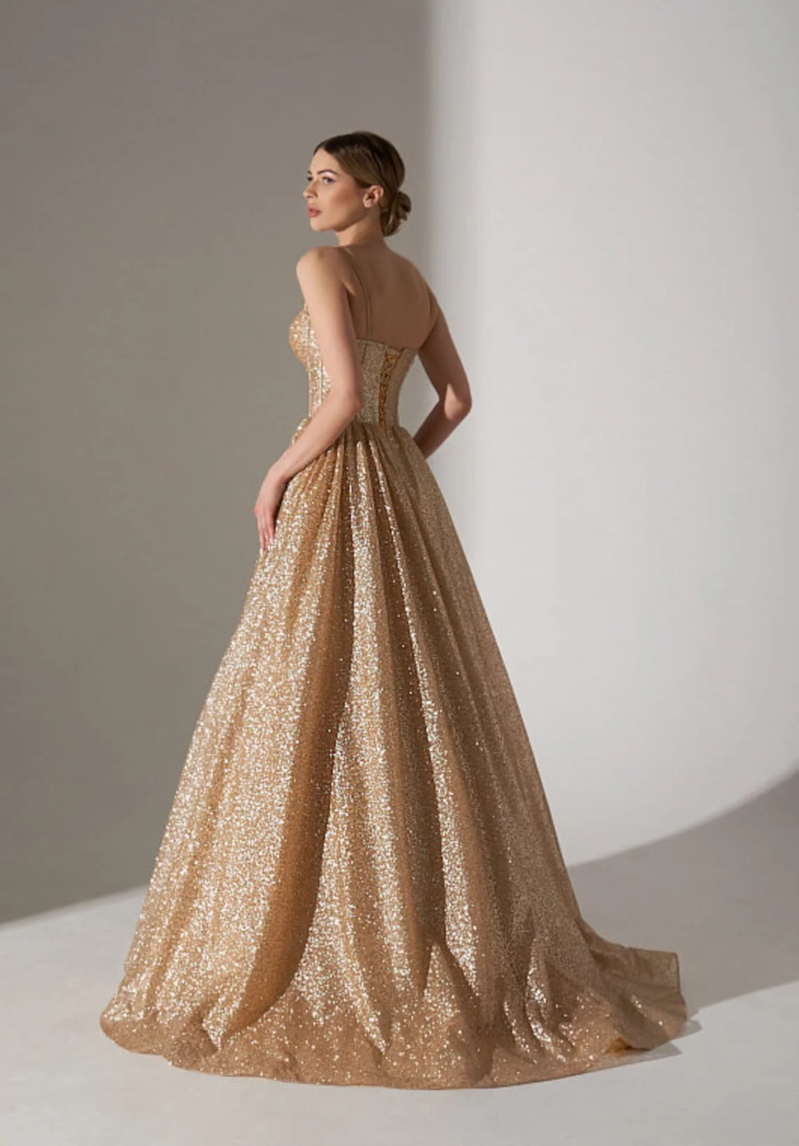 Gold Black Evening Dresses Glitter Tulle Sparkly Bling Long Sweep Train Sweetheart Spaghetti Strap A Line Formal Party Prom Gown