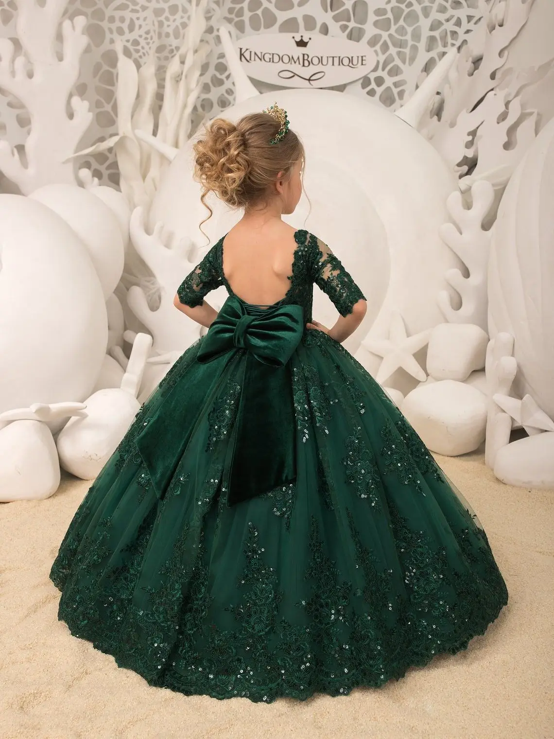 Emerald Green Lace Tulle Half Sleeve Flower Girl Dresses Appliues Back Big Bow Sequined Bown Gown Kids Party Dress
