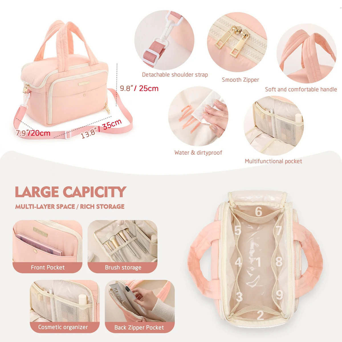 Large Capacity Makeup Bag Portable Womens Makeup Storage Handbag Makeup Organizer Womens Brush Ten Font Makeup Bag 241031