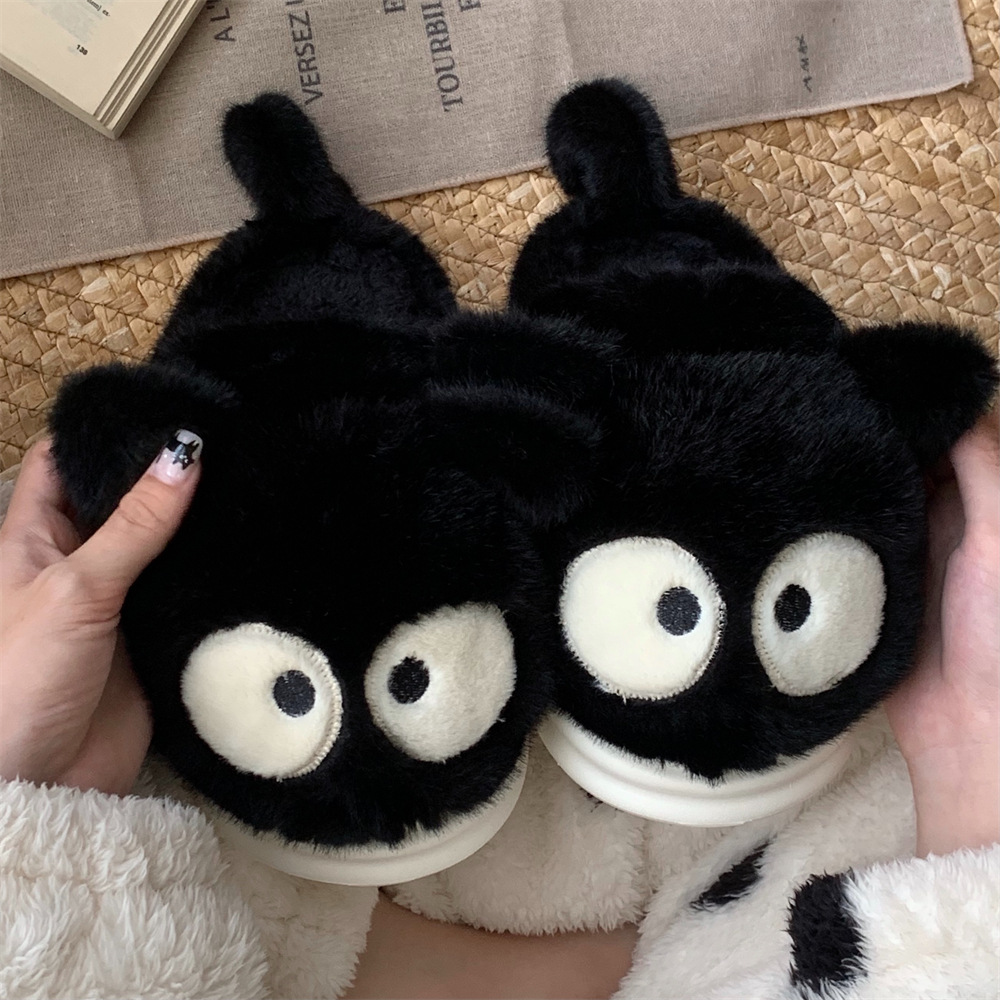 Big eyes small black cat Winter toe pack Warm cotton slippers Soft sole slip women indoor floor flat house non-slip shoes