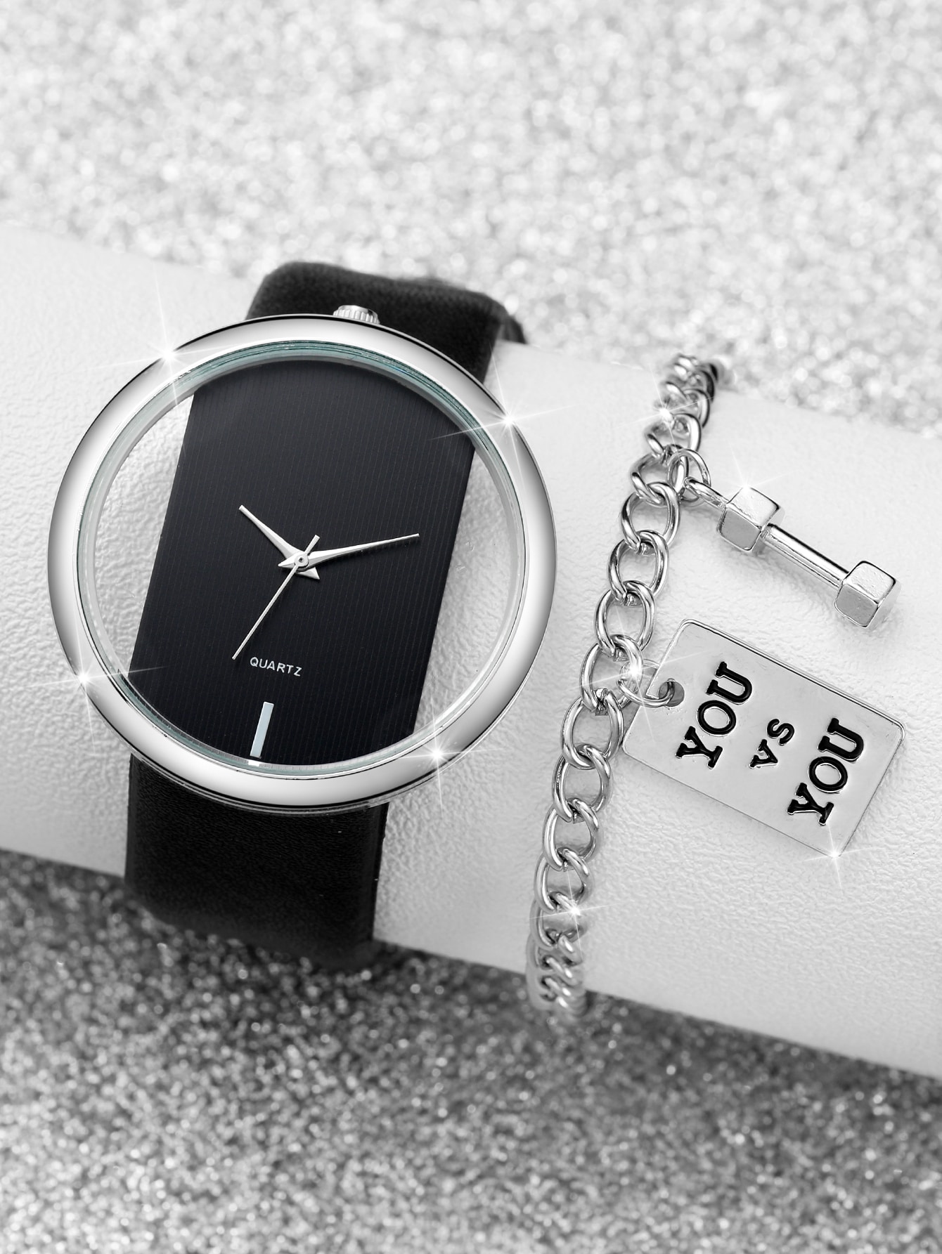 1 stylish and trendy women's leather strap quartz watch with 1 bracelet suitable for daily decoration