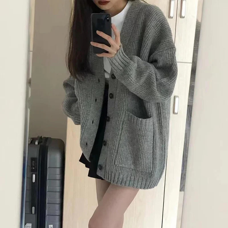 Rim Harajuku loose brown cardigan womens chic V Nekc single chest knitted cardigan womens autumn student sweater jacket 241031
