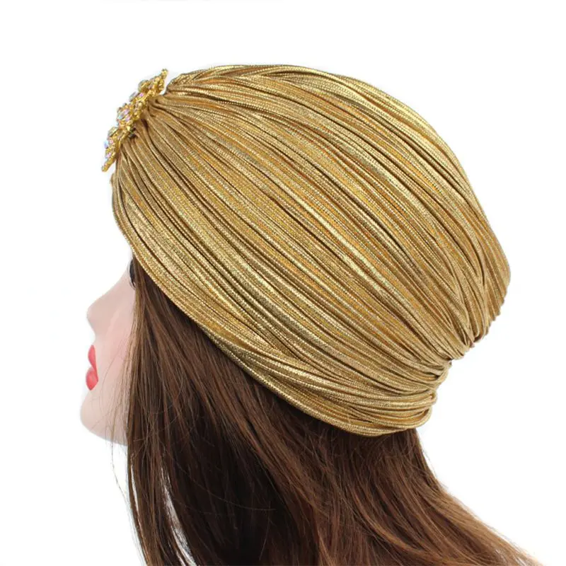 Women Indian Turban Hat Head Wrap Pleated Soft Velvet Hair Hijab Cap with Brooch