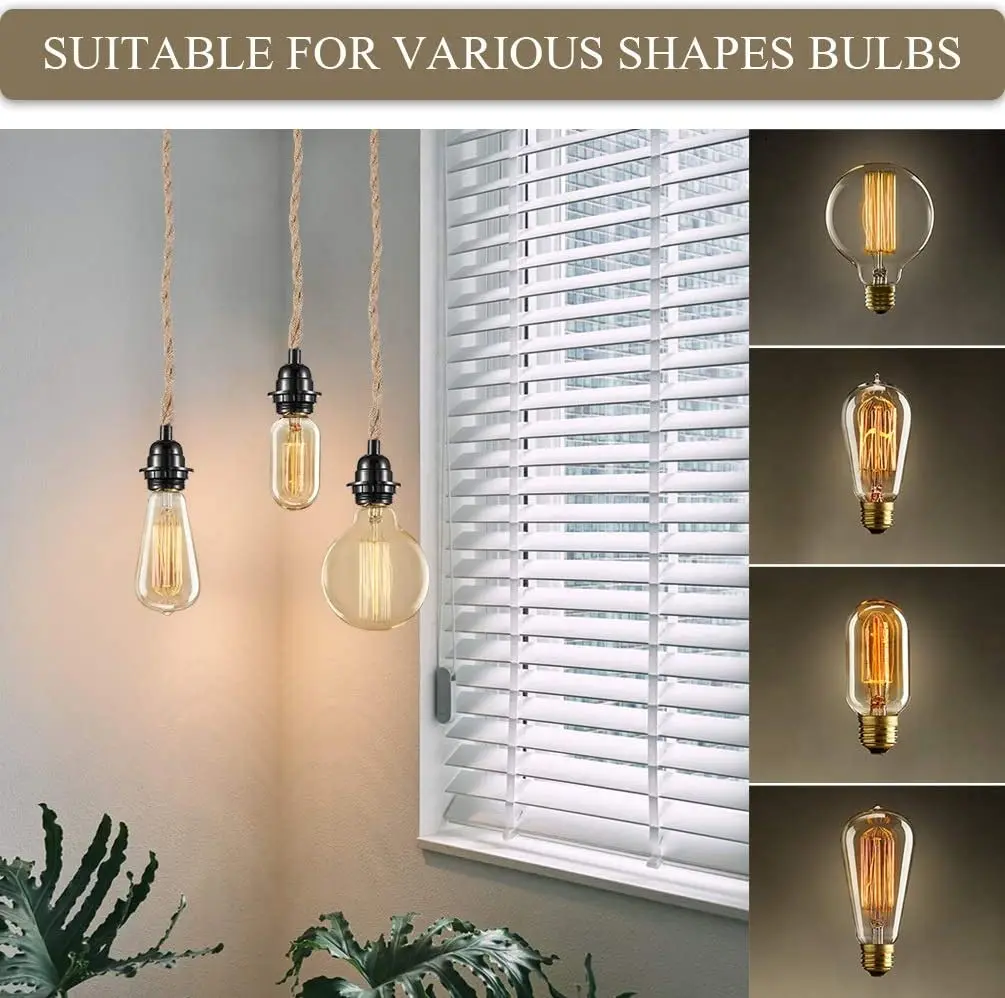 6.8M 3 Heads Vintage Style Hemp Rope Pendant Light Cord Kits US EU Plug Switch E26 E27 Lamp Holder for Simple Hanging Lamp Decor