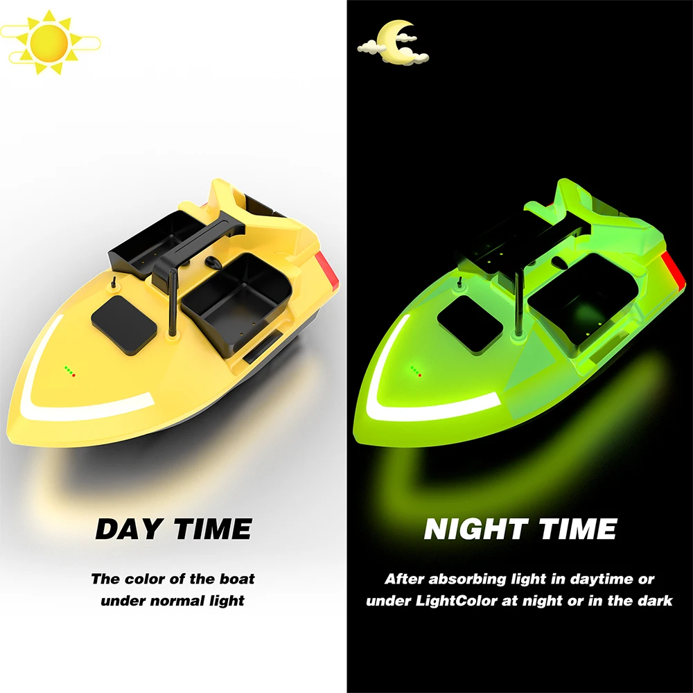 Fluorescent RC Bait Boat Yellow V020 Sonar Smart 40 Points GPS Auto Return 2KG Loading 500M Night Lights For Fishing Fish Finder