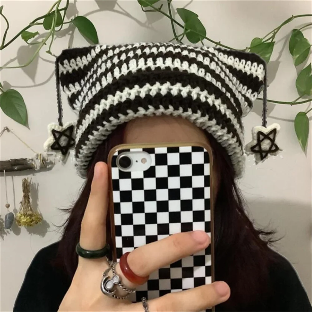 Y2K Crochet Stripe Pattern Cat Ear Hat Handmade Soft Winter Warmer Knitted Hat Cold Winter Presents for Students Teenagers