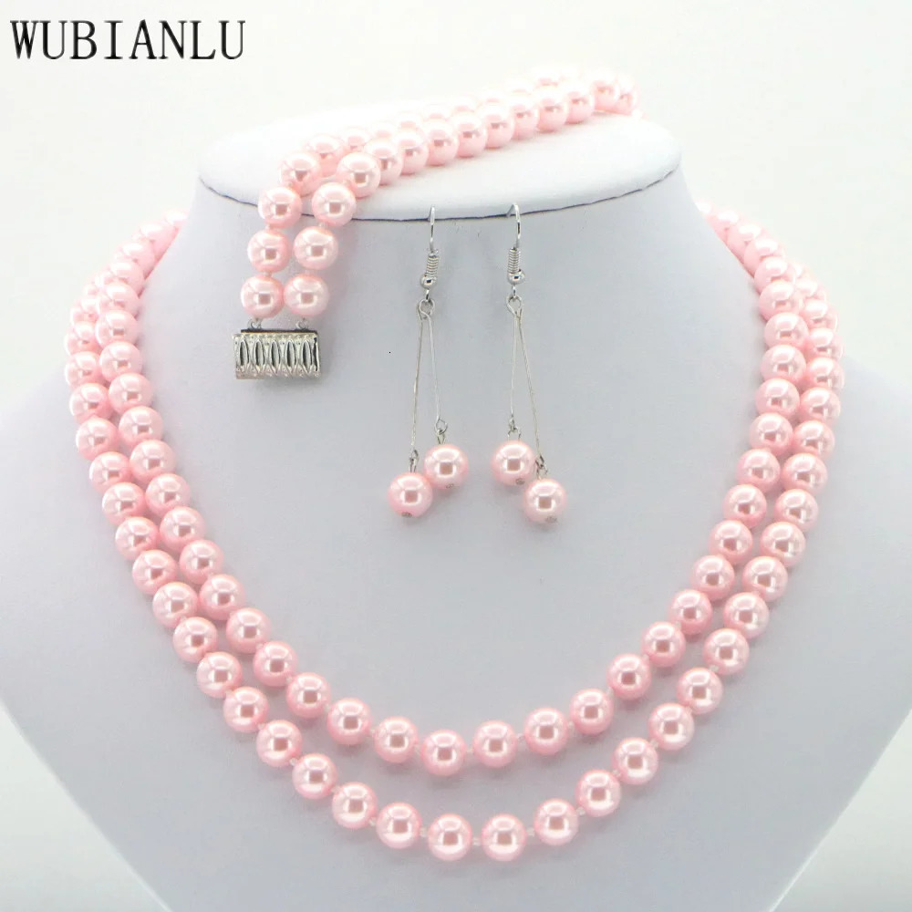 Womens Fashion 2 Rows 8mm Pink South Sea Shell Pearl Necklace Bacelet Earring Set Wholesale and Retail 241031
