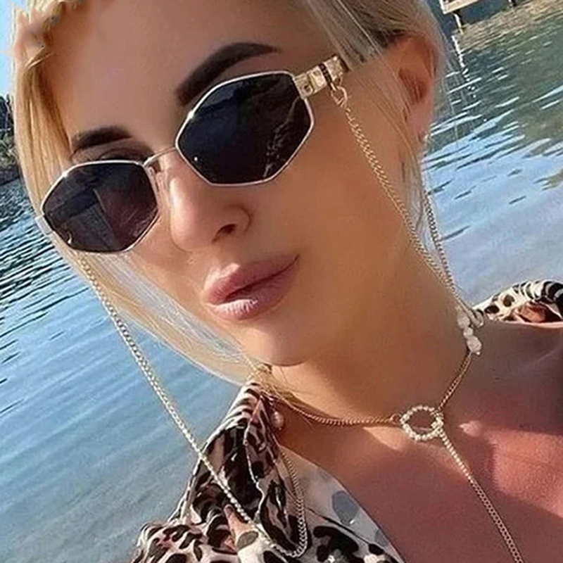 Sexy Sunglasses Women With Chain Small Frame Hexagon Luxury Brand Designer Punk Sun Glasses For Ladies Shades Fashion Square Vintage Cat Eye Oval Meta