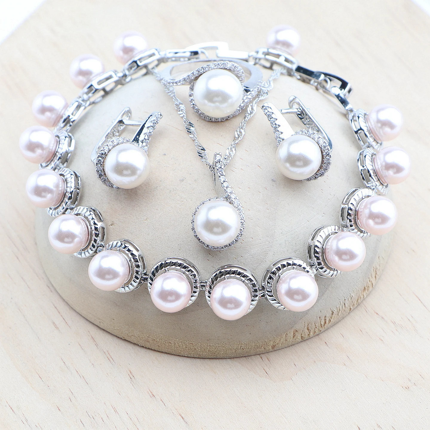 Natural Pearl Jewelry Set 925 Pure Silver White Zircon Ring Bracelet Earrings Pendant Necklace Set 241031