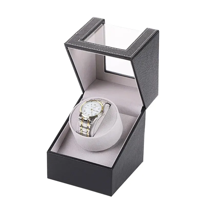 Automatic Single Watch Winder in Black Crocodile Pattern Leather with Japanese Quiet Motor AC Adapter Or Battery Powere