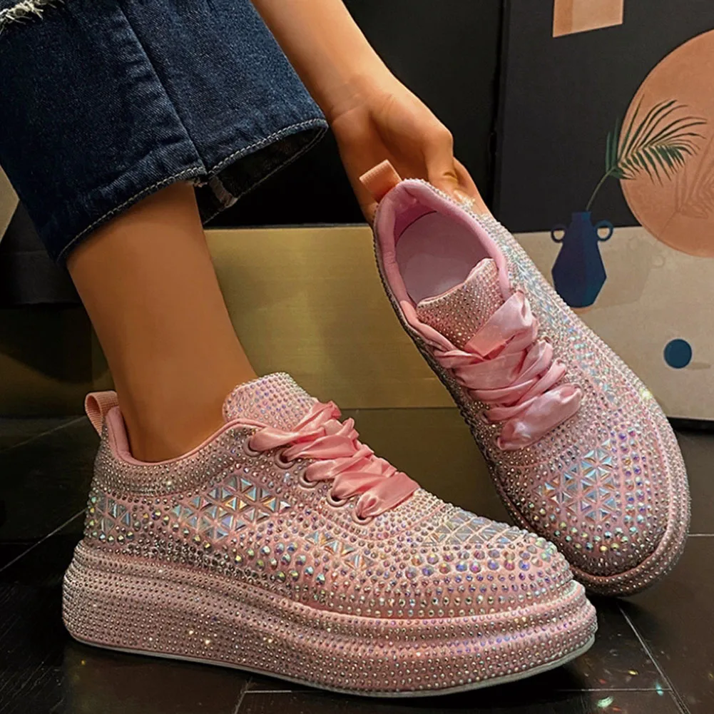 Women's Triangle Diamond Shiny Lace Up Outdoor Casual Sneakers, Breathable And Lightweight