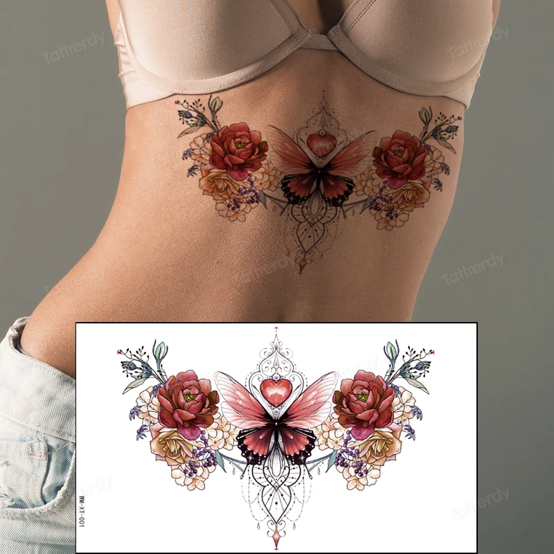 Flower Tattoo Sexy Sternum Fake Tattoos for Woman Chest Temporary Tattoos Waterproof Lasting Under Breast Plant Tattoo Stickers