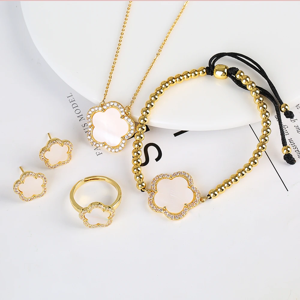 2023 Hot Selling Jewelry Set Natural White Shell Stone Plant Five-leaf Flower Pendant Necklace Earring Ring Jewelry Set