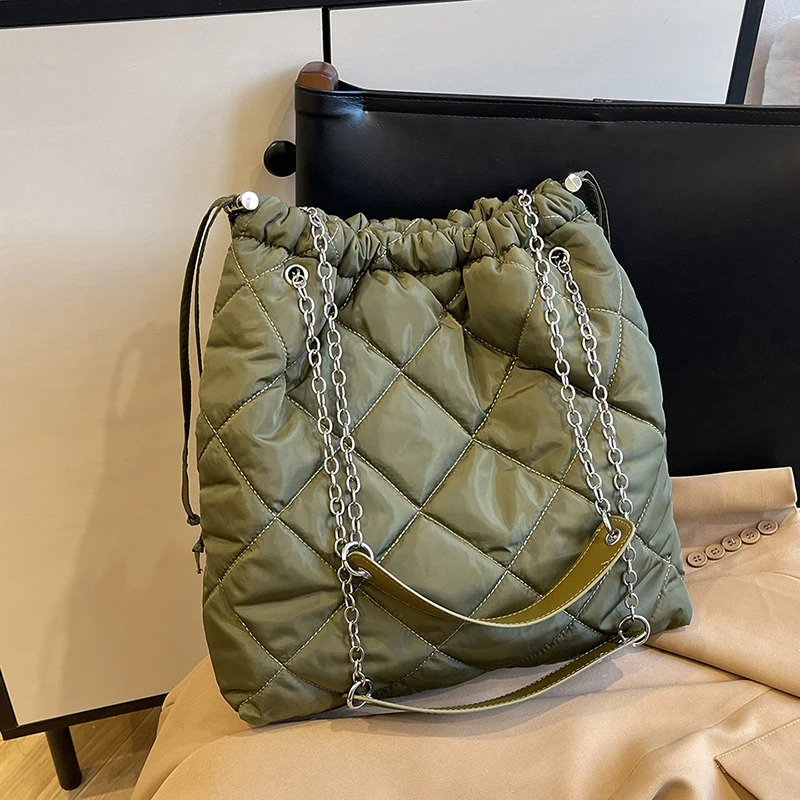 Military Green Cloth Shoulder Women's Fashionable Cotton Space Designer Handbag, Winter Popular Women's Khaki Large Capacity Shopping Bag