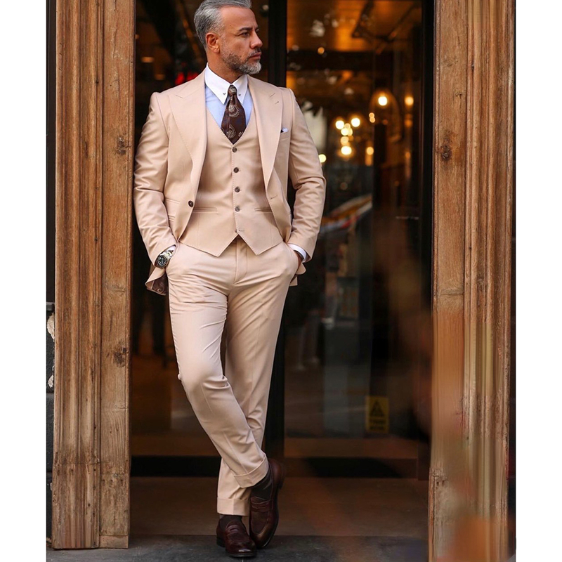 2023 Beige 3 Piece Suits For Men Tailor Made Slim Fit Business Formal Prom Wedding Male Suit Costum Homme ( Blazer+Vest+Pants )